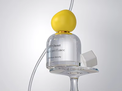 Modern Transparent Glass Perfume Bottle with Yellow Spherical Top White Cubic Accent and Minimalist Design 3d model