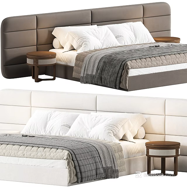 Modern Double Bed With Dark Gray White Headboards White Sheets Gray Blankets And Wooden Nightstands 3d model 