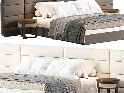 Modern Double Bed With Dark Gray White Headboards White Sheets Gray Blankets And Wooden Nightstands 3d model
