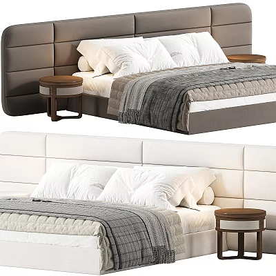Modern Double Bed With Dark Gray White Headboards White Sheets Gray Blankets And Wooden Nightstands 3d model