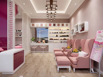Modern Beauty Salon Interior With Pink Sofas White Counter Shelves And Chandeliers 3d model