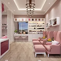 Modern Beauty Salon Interior With Pink Sofas White Counter Shelves And Chandeliers