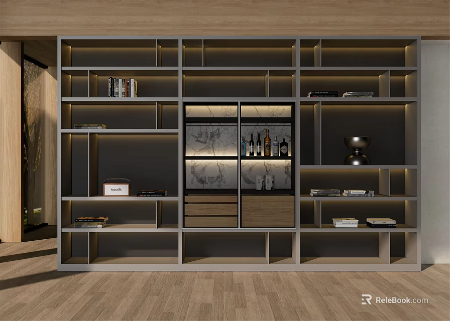 Modern Wooden Bookshelf Design With Multiple Compartments Glass Doors Drawers And Decorative Items 3d model 