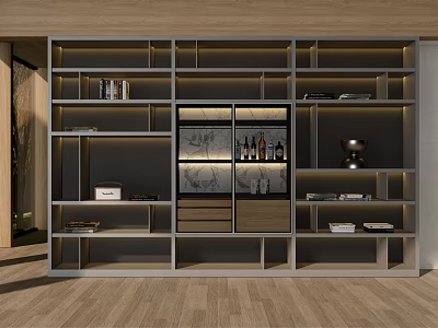 Modern Wooden Bookshelf Design With Multiple Compartments Glass Doors Drawers And Decorative Items 3d model