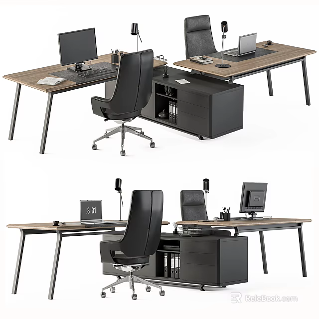Modern Office Desk Setup With Computer Black Chair Filing Cabinet And Lamp 3d model 
