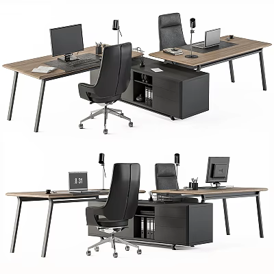 Modern Office Desk Setup With Computer Black Chair Filing Cabinet And Lamp 3d model