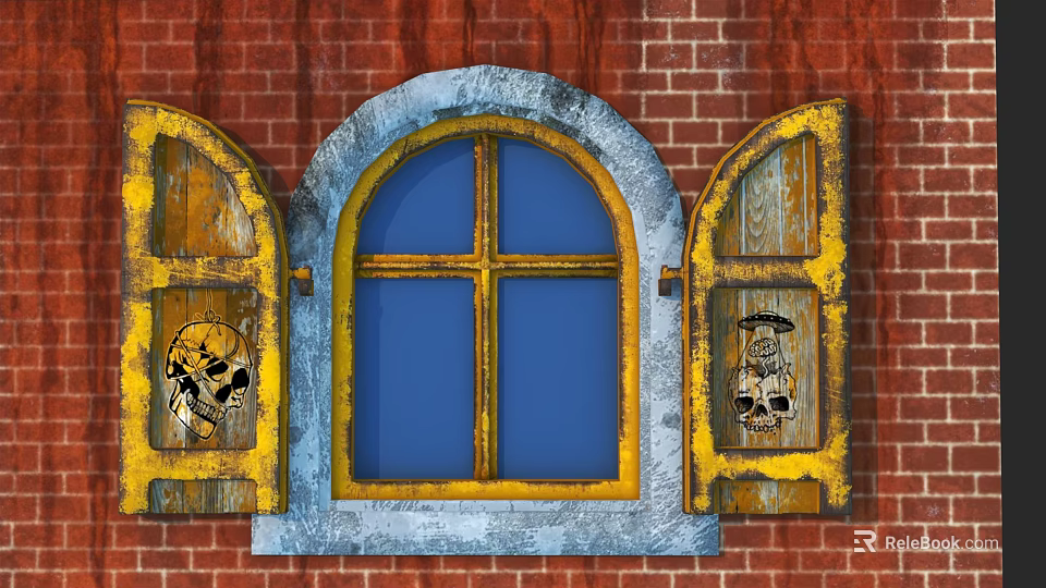 Traditional Casement Window With Blue Glass And Yellow Frame On Red Brick Wall 3d model 