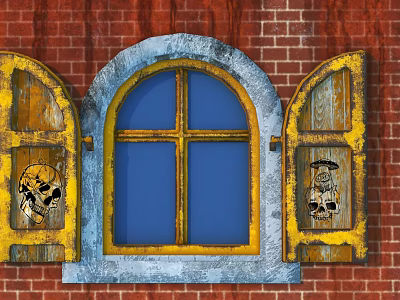 Traditional Casement Window With Blue Glass And Yellow Frame On Red Brick Wall 3d model