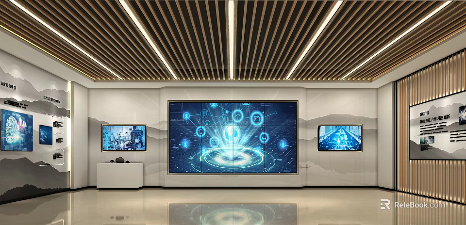Modern Tech Exhibition Hall With Large Display Screen Tech Icons And Wooden Ceiling Lighting 3d model 