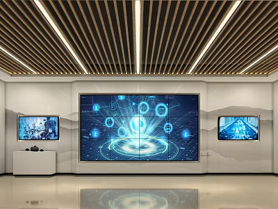 Modern Tech Exhibition Hall With Large Display Screen Tech Icons And Wooden Ceiling Lighting 3d model