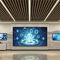 Modern Tech Exhibition Hall With Large Display Screen Tech Icons And Wooden Ceiling Lighting