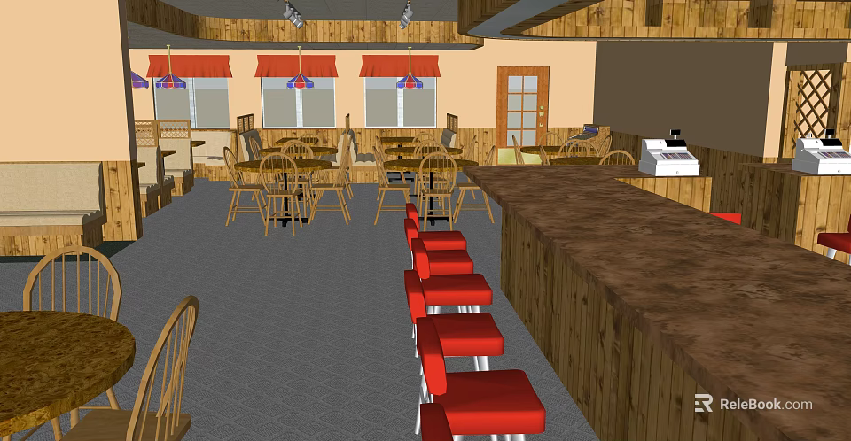 Cozy Restaurant Interior With Wooden Decor Red Bar Stools And Dining Tables 3d model 