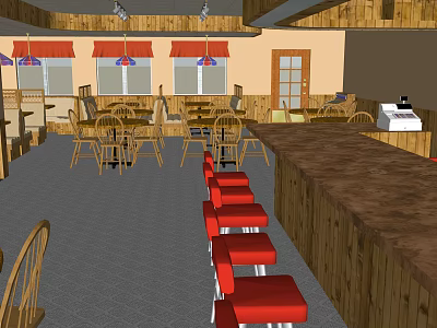 Cozy Restaurant Interior With Wooden Decor Red Bar Stools And Dining Tables 3d model