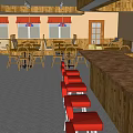 Cozy Restaurant Interior With Wooden Decor Red Bar Stools And Dining Tables
