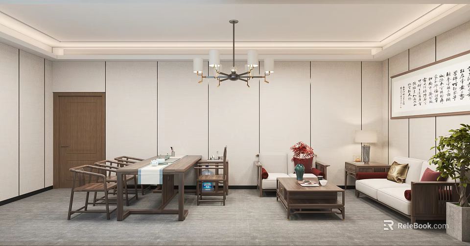 Elegant Hotel Public Lounge Interior With Wooden Furniture Chandelier Sofa Coffee Table And Flower Vase 3d model 