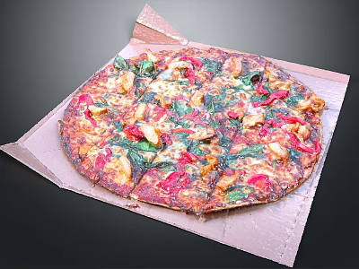 Delicious Pizza Topped With Chicken Red Bell Peppers And Spinach In Cardboard Box 3d model
