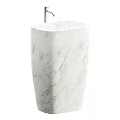 Elegant Marble Freestanding Washbasin With Gold Faucet And Gray White Veins
