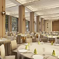 Luxurious Banquet Hall Interior With Crystal Chandeliers White Tables And Chairs