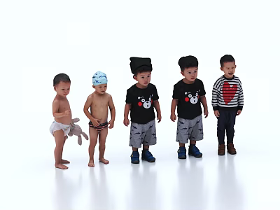 Five Kids Standing in a Line with Different Casual Clothing and Accessories 3d model