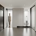 Modern Elevator Hallway With White Walls Gray Flooring And Sculpture Decor