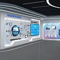 Modern Tech Exhibition Hall With Central Holographic Projection Column And Interactive Displays