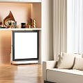 Modern Living Room Entertainment Console With Gramophone Green Plants Large Screen TV Sofa And Curtains