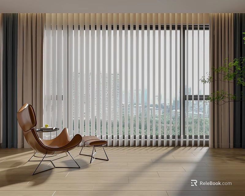 White Vertical Blinds In Modern Living Room With Brown Armchair And City View 3d model 