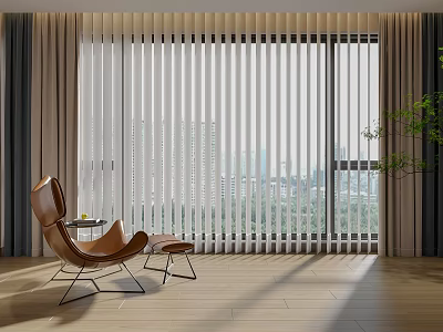 White Vertical Blinds In Modern Living Room With Brown Armchair And City View 3d model