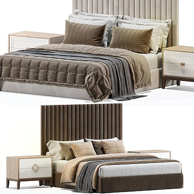 Modern Double Bed With Textured Headboard Brown Quilt And Wooden Nightstands 3d model