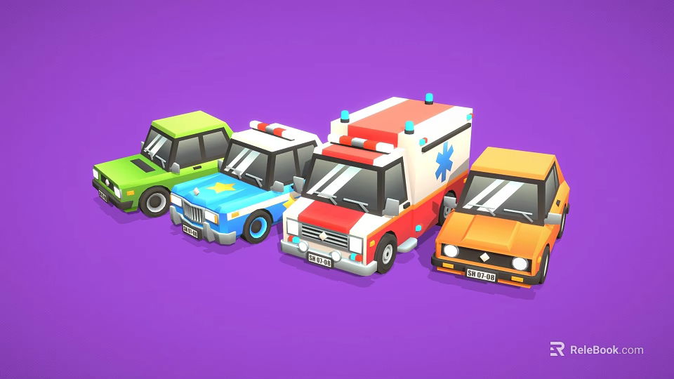 Colorful Cartoon Toy Cars Featuring Police Ambulance Green Blue Orange 3d model 