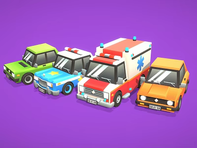 Colorful Cartoon Toy Cars Featuring Police Ambulance Green Blue Orange 3d model