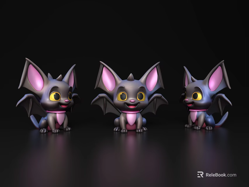 Three Cute Cartoon Bats With Large Ears Yellow Eyes Pink Inner Ears On Dark Background 3d model 