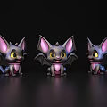 Three Cute Cartoon Bats With Large Ears Yellow Eyes Pink Inner Ears On Dark Background
