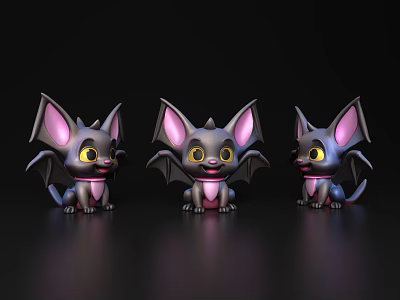 Three Cute Cartoon Bats With Large Ears Yellow Eyes Pink Inner Ears On Dark Background 3d model