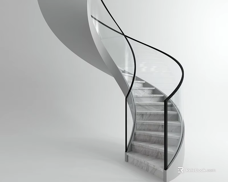 Minimalist Modern Spiral Staircase Interior With Glass Railing And Marble Steps 3d model 