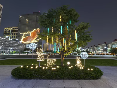 Illuminated Garden Ornaments With Tree Light Strips Butterfly Decor And Animal Shapes In City Night 3d model