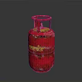 Red LPG Gas Cylinder With Yellow Stripe And Worn Exterior Surface Details