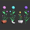 Colorful Spherical Flower Plants in Orange White Gray Pots with Green Leaves on Dark Background