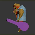 Anthropomorphic Yellow Boss Creature Wearing Blue Vest Red Pants Star Glasses Holding Purple Suitcase