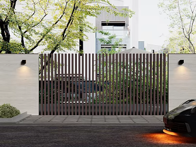 Modern Building Facade with Wooden Slat Gate Stone Wall Wall Lights and Greenery 3d model