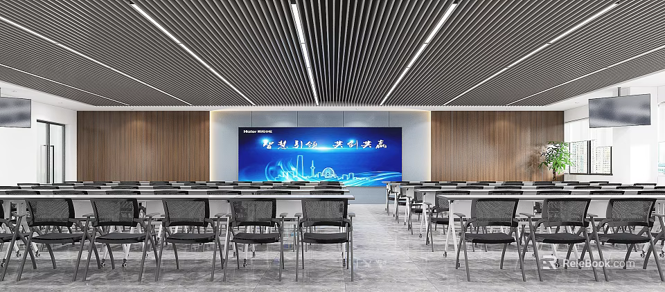 Spacious Conference Room Interior With Blue LED Screen Wooden Walls And Rows Of Chairs 3d model 