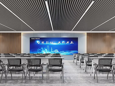 Spacious Conference Room Interior With Blue LED Screen Wooden Walls And Rows Of Chairs 3d model