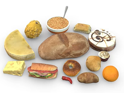 Variety of Fresh Foods Featuring Bread Cake Sandwich Fruits Grains and Cheese 3d model