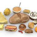 Variety of Fresh Foods Featuring Bread Cake Sandwich Fruits Grains and Cheese