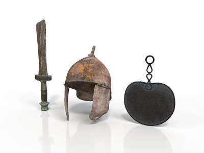 Ancient Rusted Weapons With Bronze Sword Iron Helmet And Shield 3d model