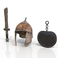 Ancient Rusted Weapons With Bronze Sword Iron Helmet And Shield