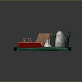 Outdoor Camping Commercial Equipment Display Model With Wooden Cabin Bridge Bonfire And Green Plants