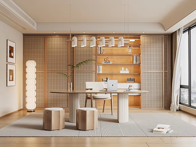 Log Study Desk Bookcase Ornaments Vase Book Single Chair Decorative Cabinet Computer Stool 3d model