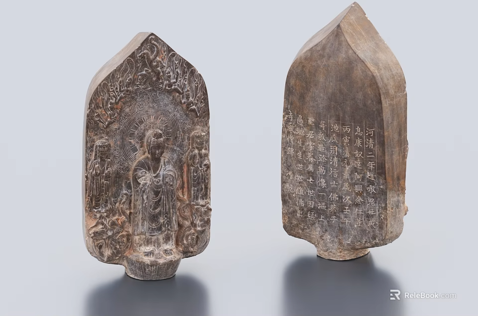 Ancient Wooden Sculptures With Detailed Carved Figures And Inscriptions 3d model 