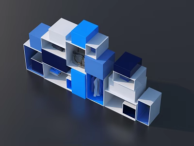 Modern Blue And White Display Shelf With Geometric Cube Design And Storage Compartments 3d model